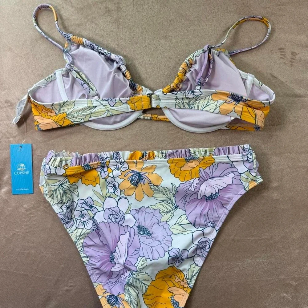 Cupshe yellow and purple floral bikini set in size L
